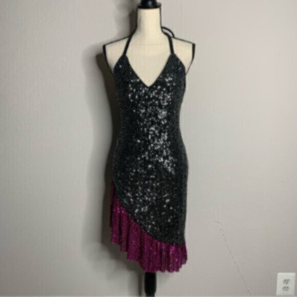 NWT One33 Social Black & Purple Sequin Colorblock Backless Halter Dress - Picture 9 of 13